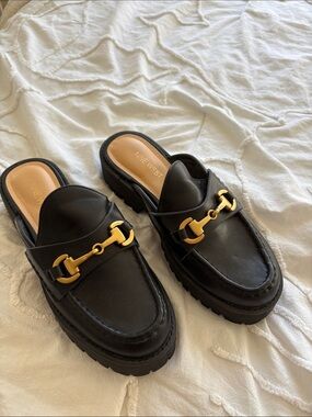Nine West Black Leather Mule Loafers with Gold Bit Accent